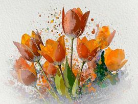 Fresh spring painting: Dutch bulb field with orange tulips by Studio Pieternel