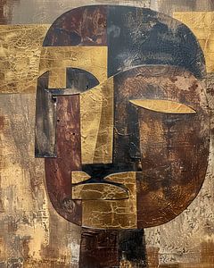 Monumentaal Abstract Tribal Mask in Goud en Aardse Tinten