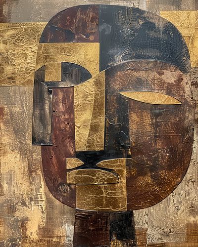 Monumental Abstract Tribal Mask in Gold and Earth tones