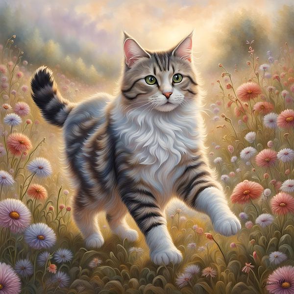 Amerikanische Bobtail-Katze spielt in einem Blumenfeld von Johannas Art Creations