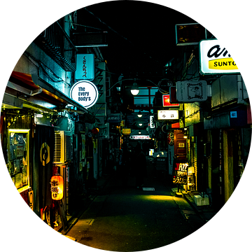 Donker steegje in Tokyo met verlichting langs de huizen. van Mickéle Godderis