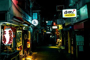 Donker steegje in Tokyo met verlichting langs de huizen. van Mickéle Godderis