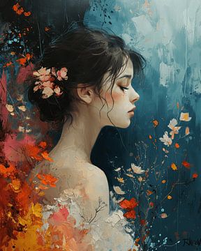 Kleurrijke illustratie van een meisje in een bloemenveld van Carla Van Iersel