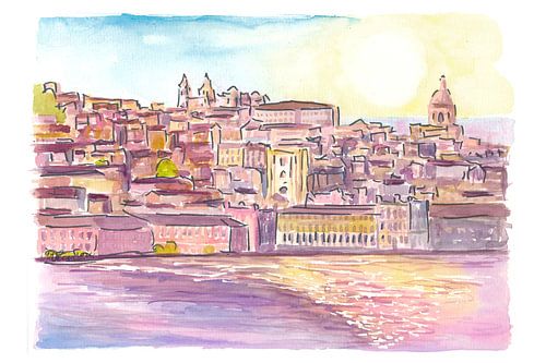 Lissabon Portugal Schillernde Szene der Altstadt mit Uferpromenade