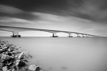 Zeeland Bridge with quay black/white by Leo van Valkenburg