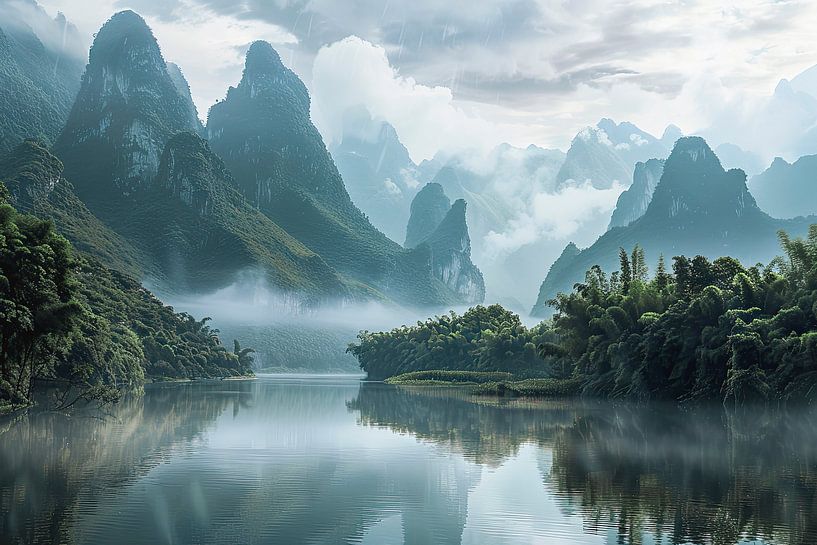 Green Mountains and Misty Water: Perfect Wall Decoration by Vlindertuin-Art