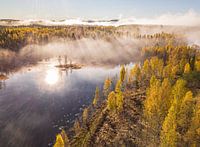 Autumn and fog morning in Sweden, drone shot