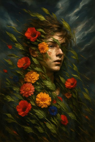 Portret van een persoon met bloemen en bladeren van Markus Gann
