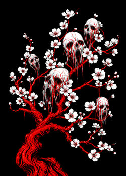Arbre aux fleurs de cerisier noir et aux têtes de mort