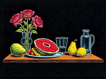 Een kleurrijk stilleven met meloen en bloemen van The Photo Artist