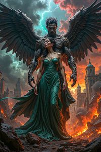 Dark Fantasy Wandbild: ZERYXION – Der schwarze Schutzengel mit seiner geliebten Frau