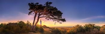 Sonnenaufgang  am Leuchtturm Dornbusch auf der Insel Hiddensee. Panoramabild.