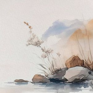Gelassenes Japandi Aquarell, Japanische Landschaft