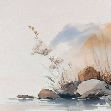 Sereen Japandi aquarel, Japans landschap van Studio Pieternel