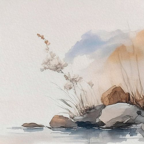 Sereen Japandi aquarel, Japans landschap