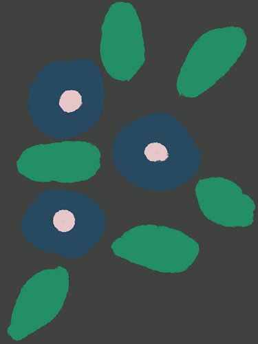 Botanische schetsen.  Boho bloemen in blauw, roze, groen op donkergrijs.