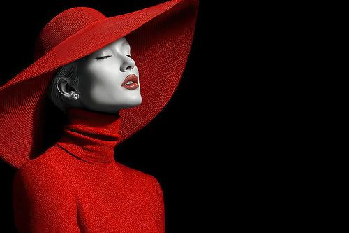 woman black and white with red accents