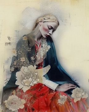 Portrait en techniques mixtes dans des couleurs pastel sur Carla Van Iersel