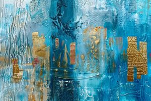 Turquoise Abstract Painting - Gold Relief, Textures, and Modern Depth