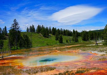 Lenticularis wolk boven warmwaterbron in Yellowstone National Park van Thomas Zacharias