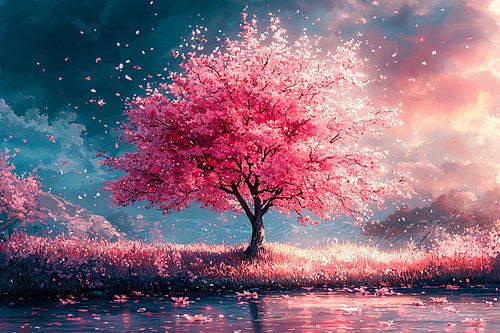 Dromerige kersenbloesem in landschap