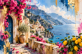 Côte amalfitaine avec bougainvilliers « & Zitronen | Mediterrane Küstenlandschaft in Pink, Blau & » Gold | Affiche au format paysage sur ButterflyPix