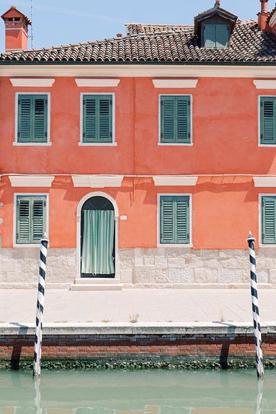 Burano | Coral and green house at the canal in Venice Italy travel photography art print by Milou van Ham