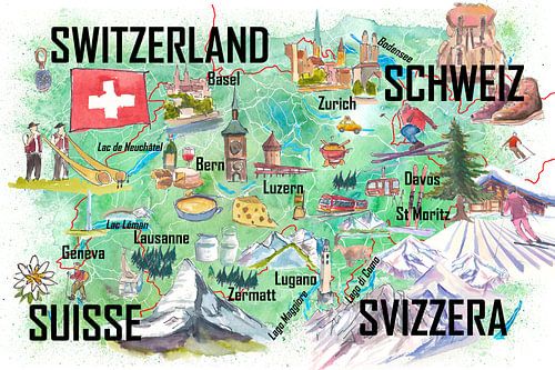 Illustrierte Karte der Schweiz – Reiseerinnerung aus den Alpen, Wandbild mit Schweizer Landschaft, Geschenk aus Europa von Markus Bleichner