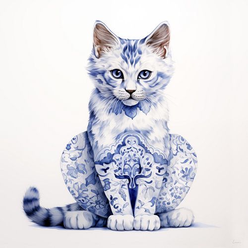 Zittende poes in Delfts Blauw