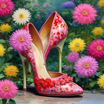 Pumps en Bloemen | Een kleurrijk werk van pumps in combinatie met bloemen. De kleuren roze, geel, paars en lila geven het geheel een lenteachtig gevoel. van Wil Vervenne
