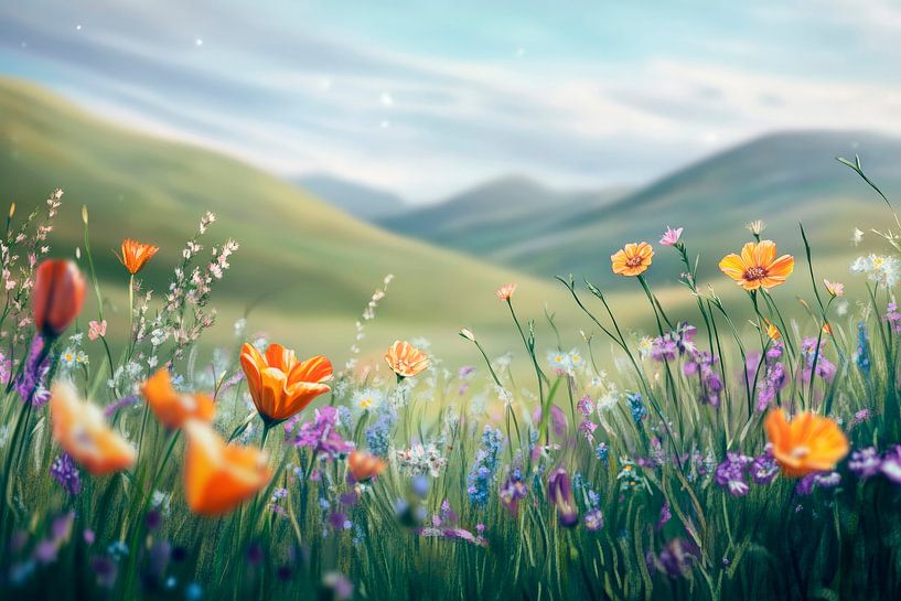 Bunte Blumenwiese im Morgenlicht von Poster Art Shop