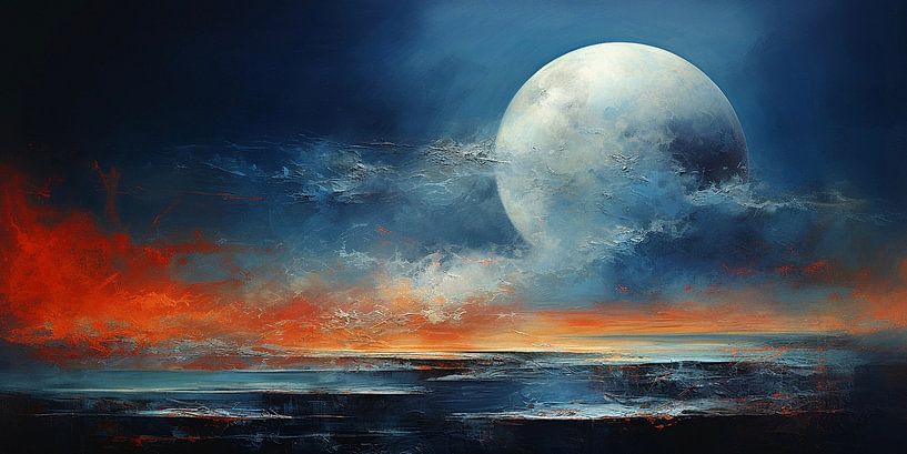 Zie de supermaan schijnt door de wolken over zee van Laila Bakker