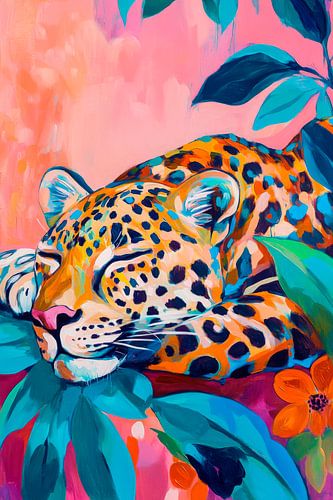 Léopard endormi dans la jungle multicolore