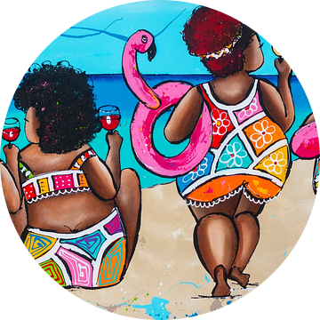 Vrolijke dames genieten op het strand van Happy Paintings