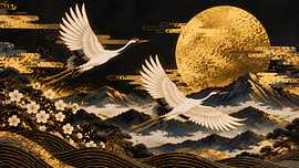 Japan Golden Moon Crane Mountains by my pixel art