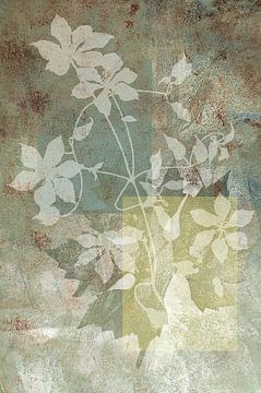 Modern Abstract Clematis Rank in Shades of Green on 'Grungy' background by Behindthegray