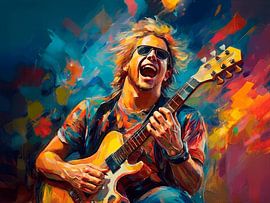 Farbenfrohes abstraktes Gemälde eines rockenden Gitarristen von STUDIO ARTSY