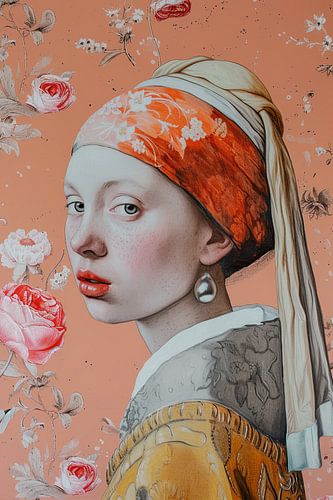 Meisje met de parel met bloem achtergrond