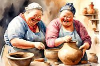 2 gezellige dames genieten tijdens het pottenbakken