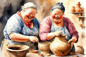 2 gezellige dames genieten tijdens het pottenbakken van De gezellige Dames