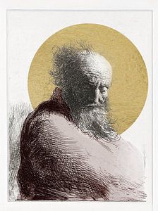 Gravure d'un vieil homme avec feuille d'or