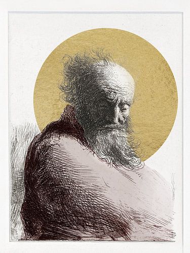Prent van een oude man met bladgoud