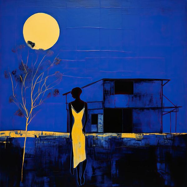 Vrouw in Geel | Maan Silhouetten Blauw van Abstract Schilderij