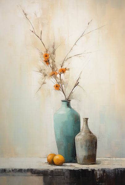Peinture bouquet sec vase bleu pastel et gris par Ellen Reografie
