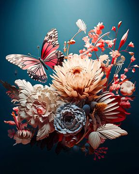 Butterfly Between Bouquet with Dahlias. by Roman Robroek