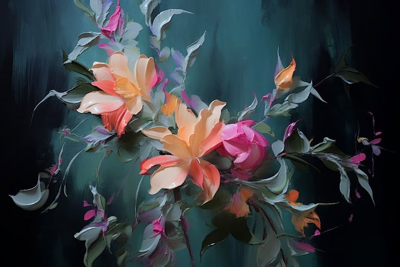 Flowers in bright colours against a green/black background by Studio Allee