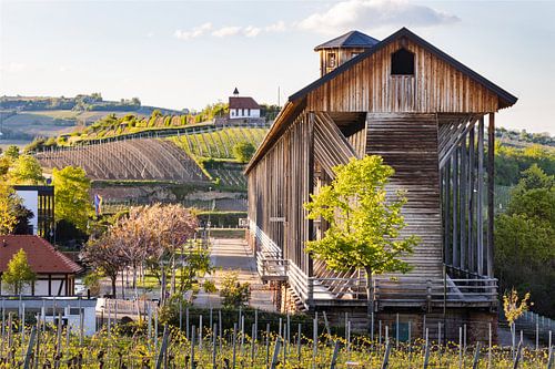 Gradierbau (salt works) in the spa gardens of Bad Dürkheim with a view of St. Michael's Chapel