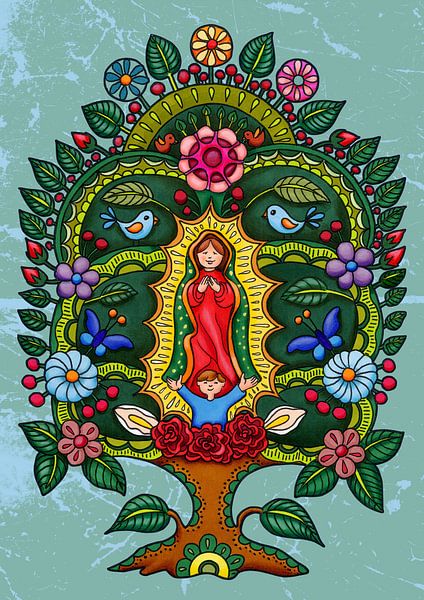 Mexican tree of life with flowers, birds and butterflies by Colette van der Wal