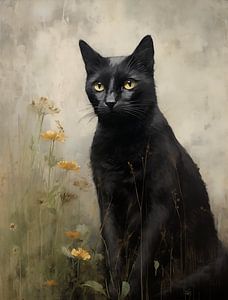Chat noir avec fleurs jaunes