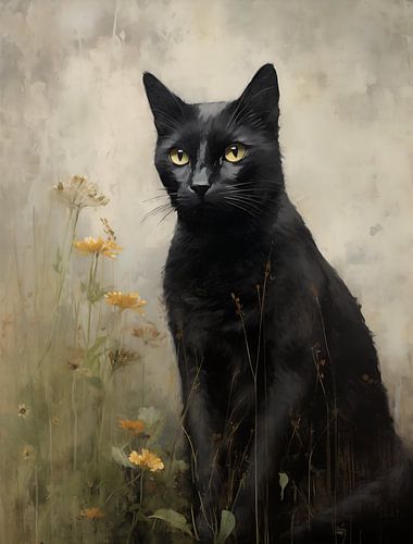 Schwarze Katze mit gelben Blumen